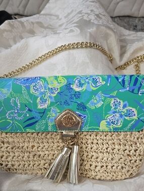 Lily Pulitzer Floral Straw Crossbody Bag with Gold Tassel